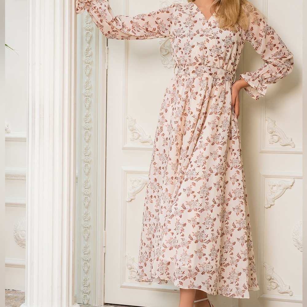 New with tags, Floral midi/maxi dress, tiered,Medium, printed, tan, brown - Picture 2 of 11